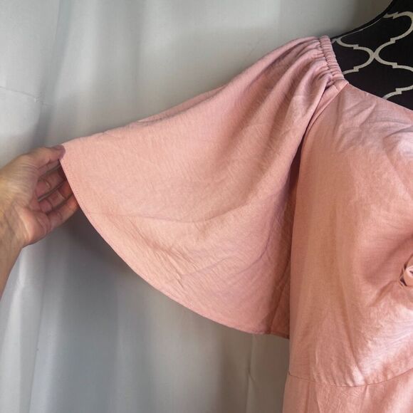 Kim Curvy Pink Flutter Sleeve Tie Front Fit & Flare Cottage Core Dress Size 24W - Picture 4 of 10